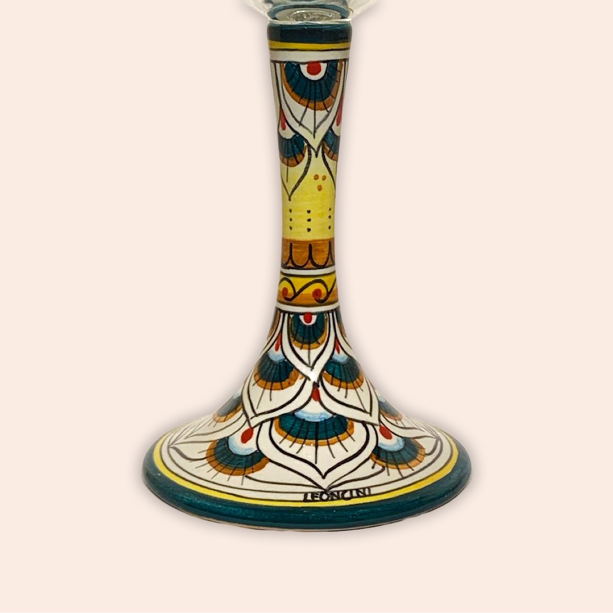 ELEGANT LEAD-FREE CRYSTAL GLASS WITH CERAMIC STEM. DESIGN: PEACOCK'S TAIL IN GREEN AND RED cm.23h
